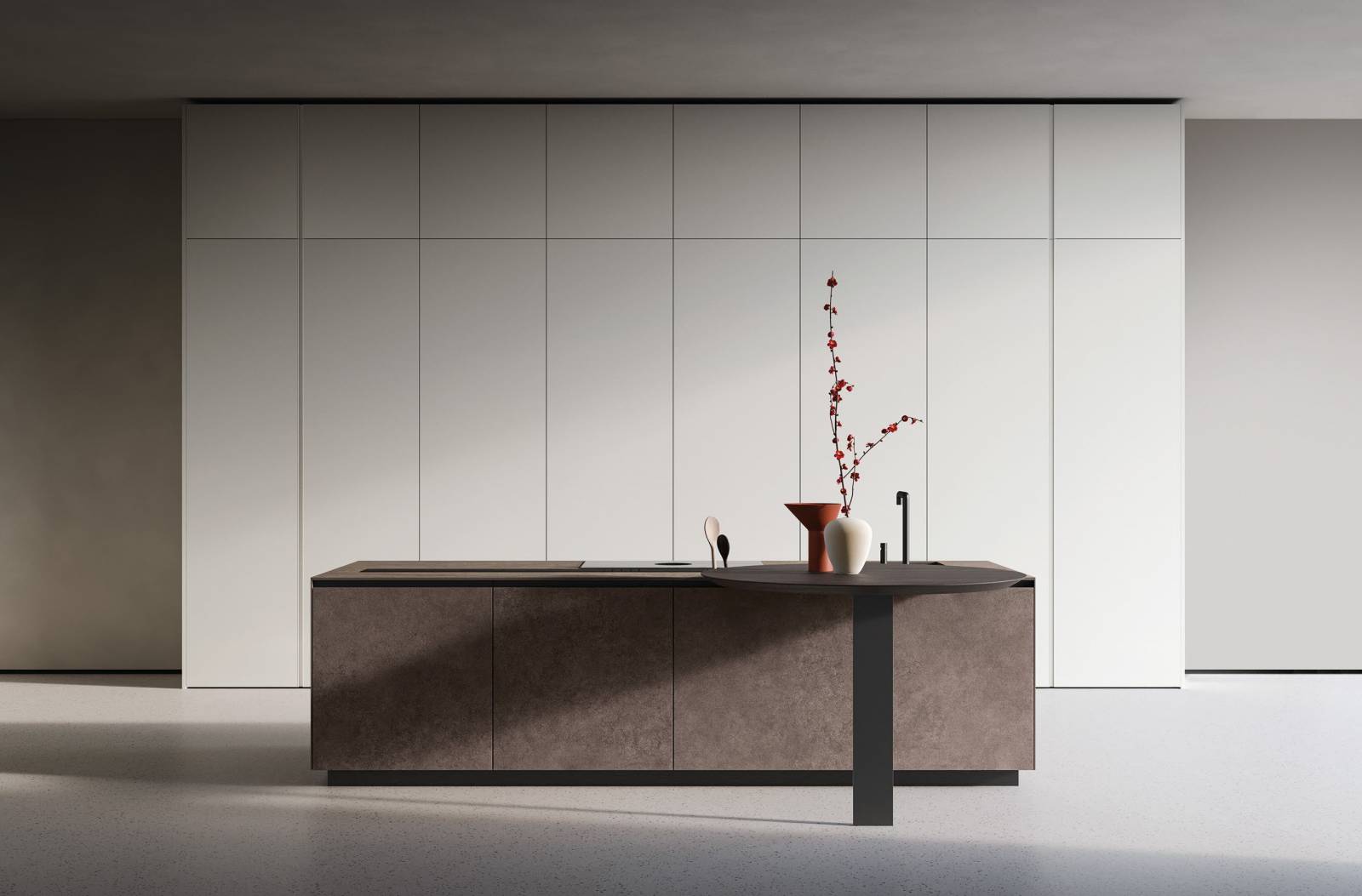 Cuisine haut de gamme blanche avec portes rentrantes et îlot central sur Aix-en-Provence