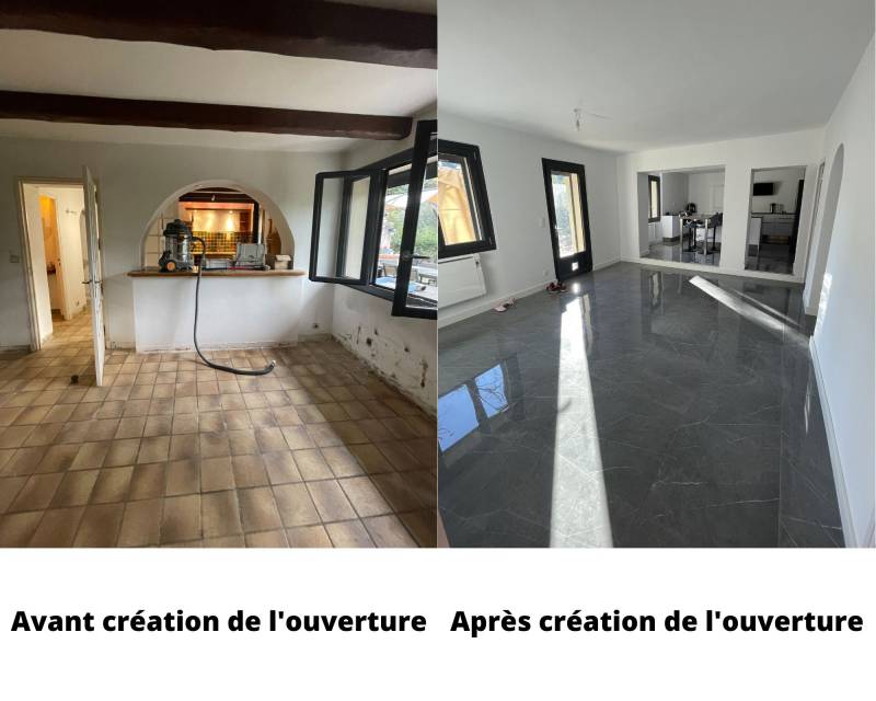 Avant/après ouverture d'une cuisine sur pièce à vivre dans le Vaucluse 