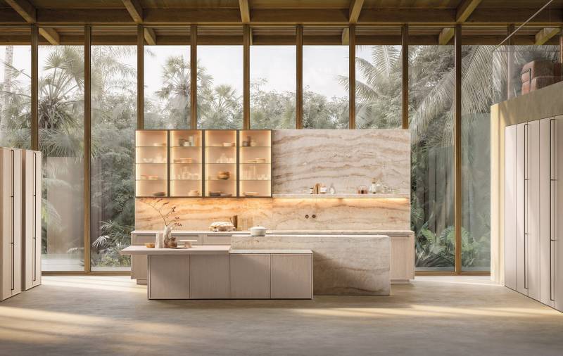 Cuisine haut de gamme en bois clair et pierre naturelle sur Annecy