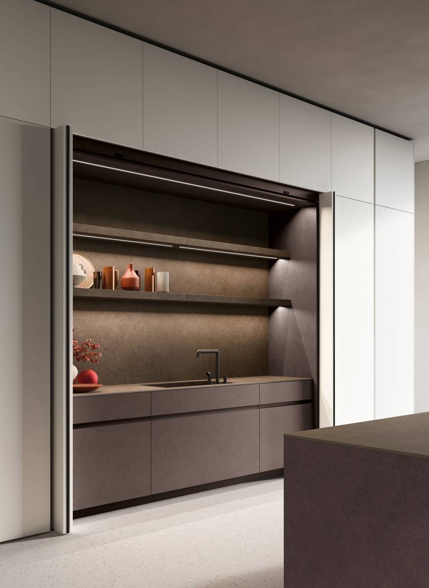 Cuisine avec portes rentrantes et îlot central sur Aix-en-Provence